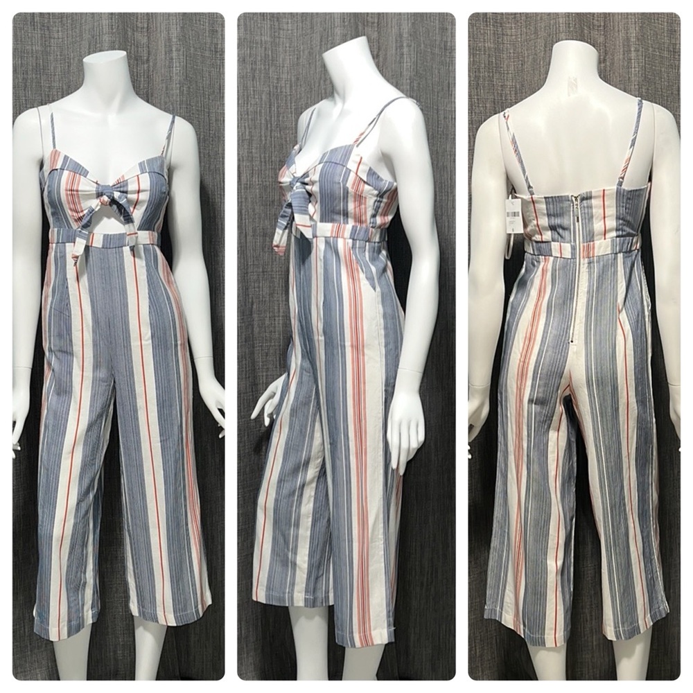 NWT Forever 21 Striped Linen Blend Cropped Leg Jumpsuit Blue White Dark Orange S